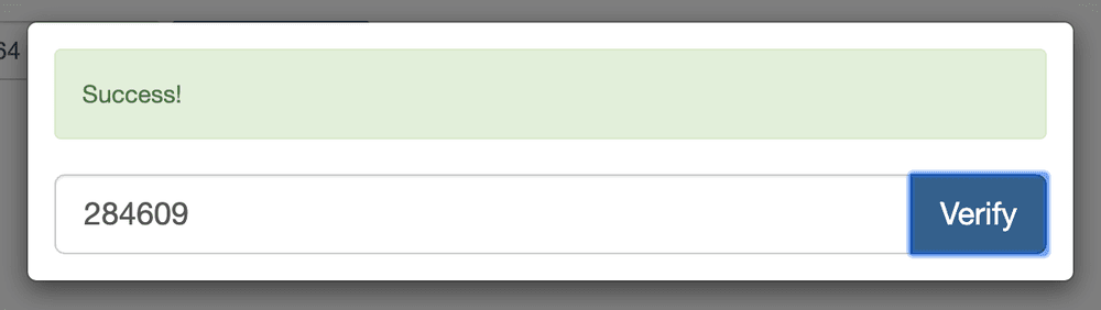 Success message above a code input field with a Verify button.