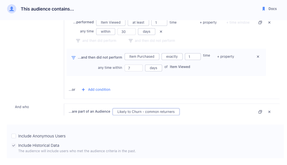 Creating an audience of users who viewed a product without buying it.