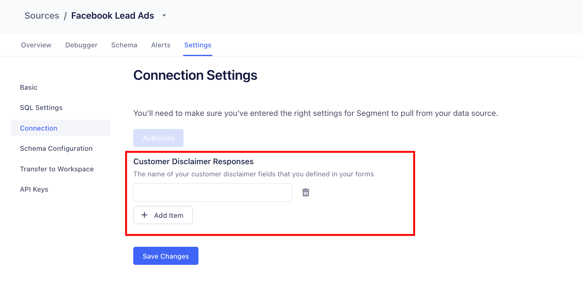 Settings page for a Facebook Lead Ads source, with a red box around the Customer Disclaimer Responses setting.