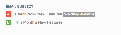 Email subject A 'Check Now! New Features' is the winning version over B 'This Month's New Features'.