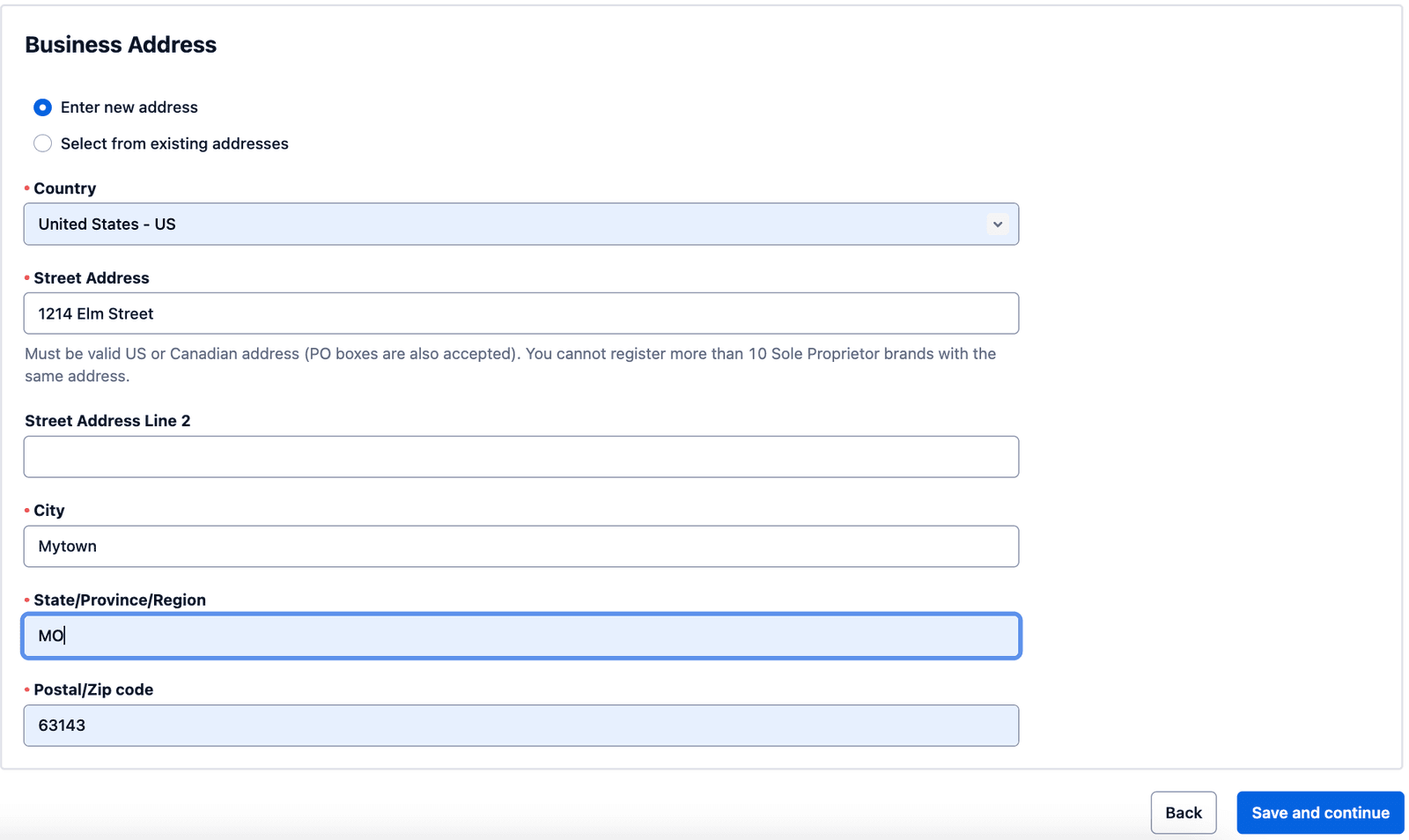 Form for entering a new business address with fields for country, street address, city, state, and postal code.