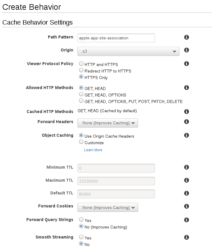 Cache behavior settings with HTTPS only, GET and HEAD methods, and no header forwarding.