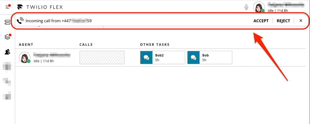 Twilio Flex interface showing an incoming call notification with options to accept or reject.