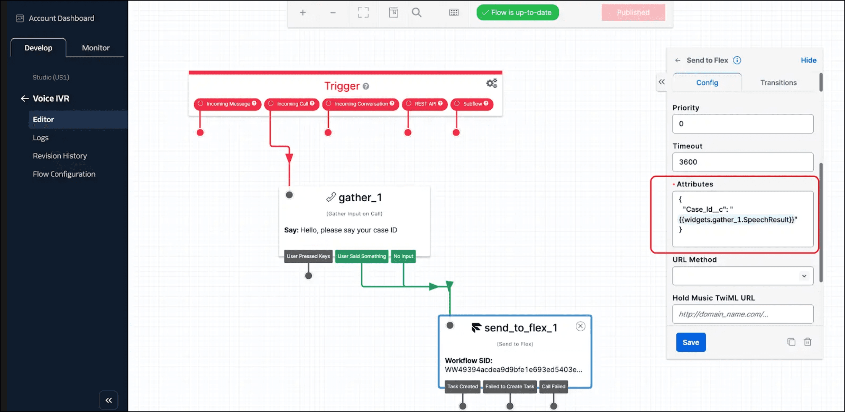Setting custom attributes in the Send to Flex widget.