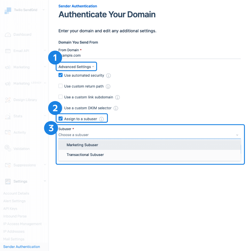 Authenticate domain settings with options for automated security, DKIM selector, and subuser assignment.