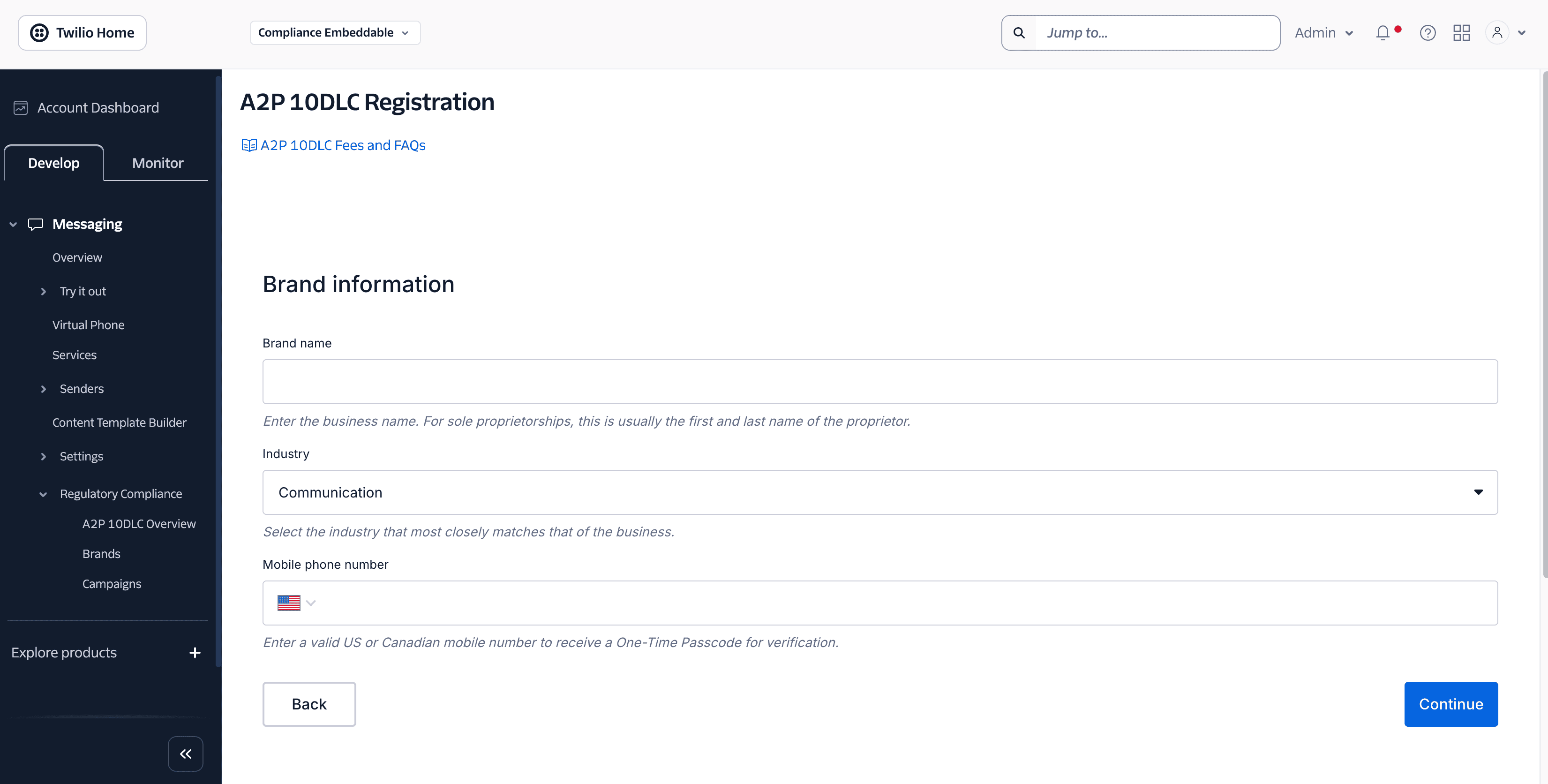 Form for sole proprietor brand registration with fields for brand name, vertical, and mobile phone number.