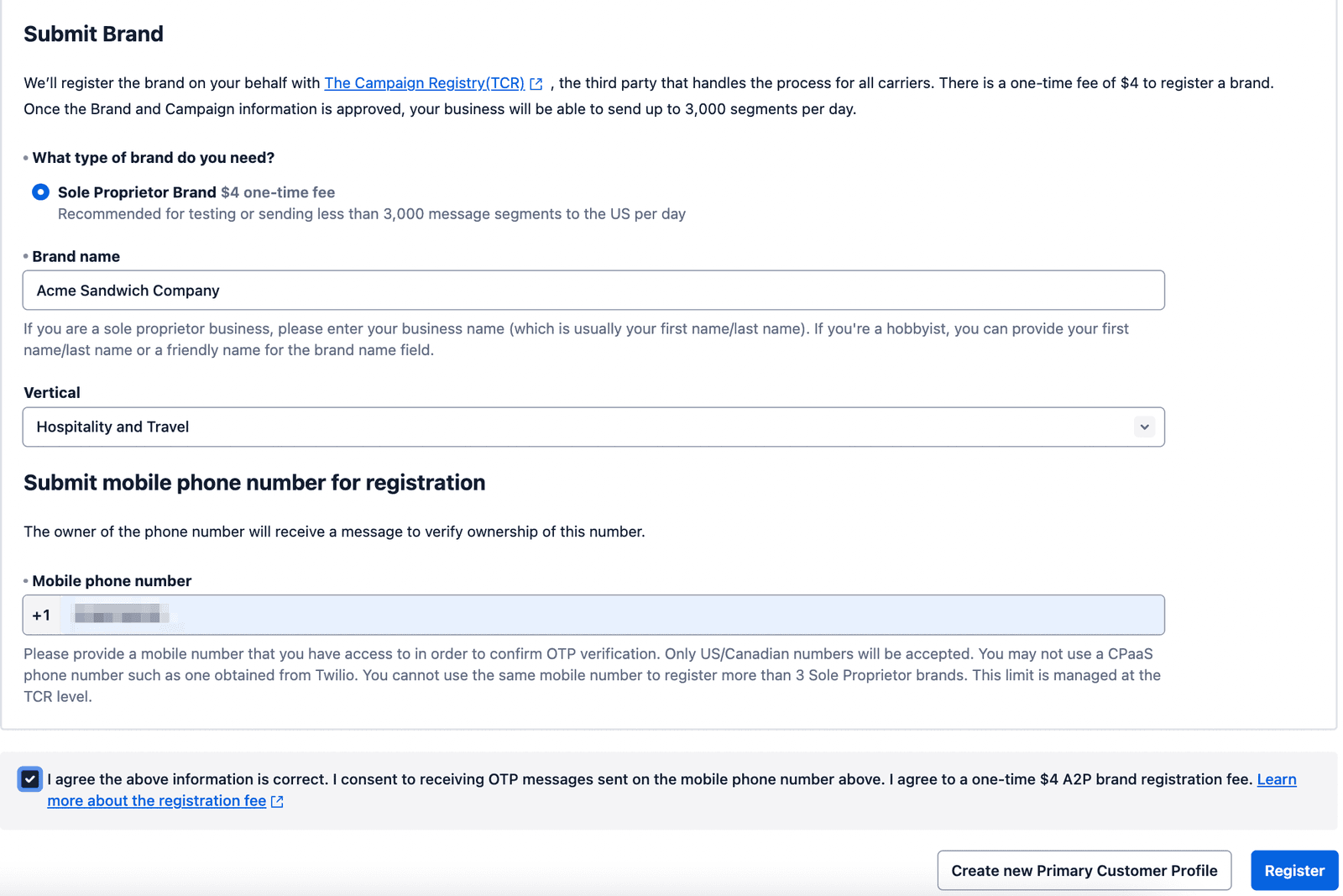 Form for sole proprietor brand registration with fields for brand name, vertical, and mobile phone number.