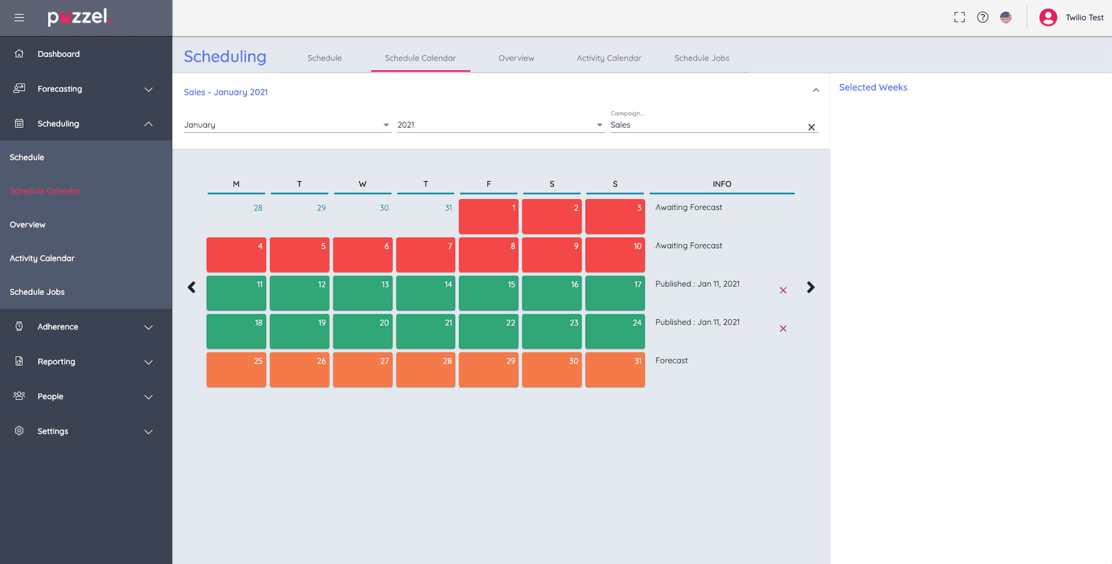 Puzzel WFM schedule calendar for January 2021 with status indicators.