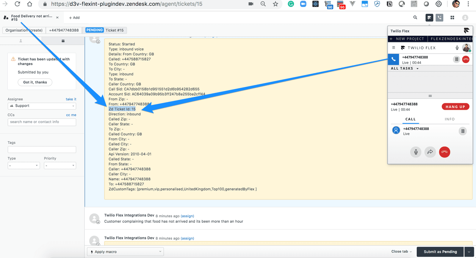 Zendesk ticket interface showing call details and status as completed.