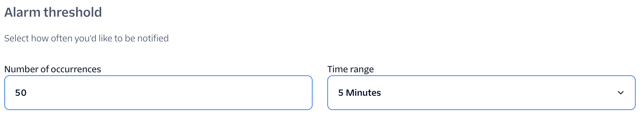 Alarm threshold set to 1 and time period set to every 5 minutes.