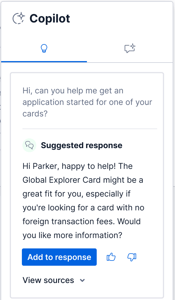 Agent view of suggested responses and Ask Copilot.