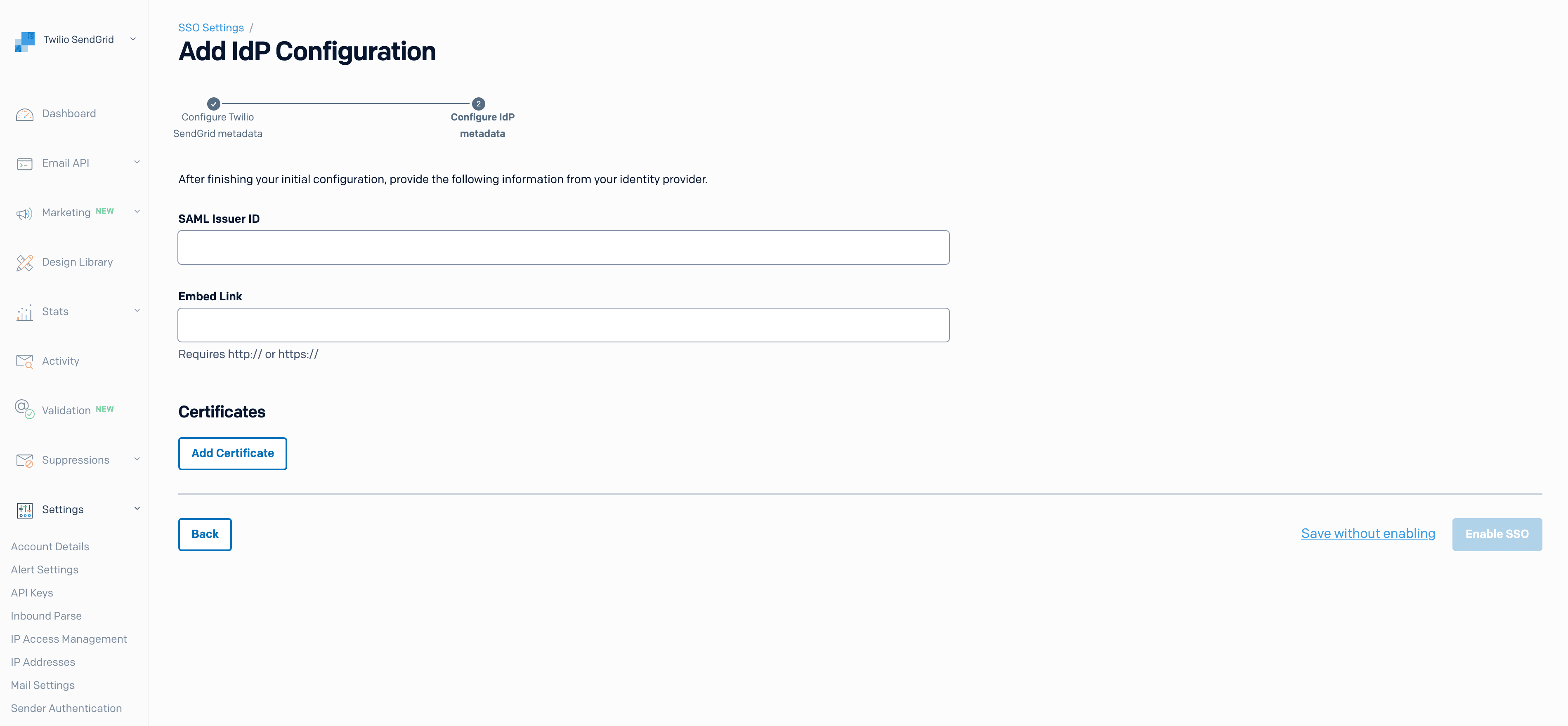 SSO IdP configuration page with fields for SAML Issuer ID and Embed Link.
