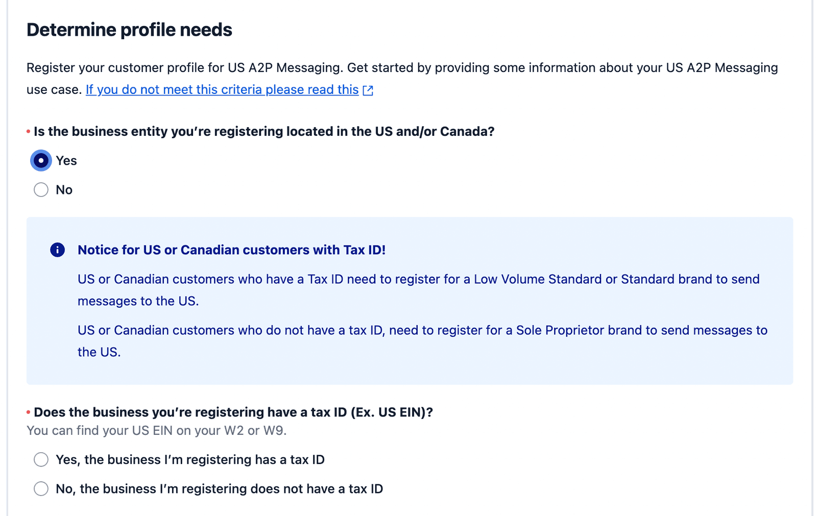 Form asking if the business is in the US or Canada and if it has a tax ID, with notice for US or Canadian customers.
