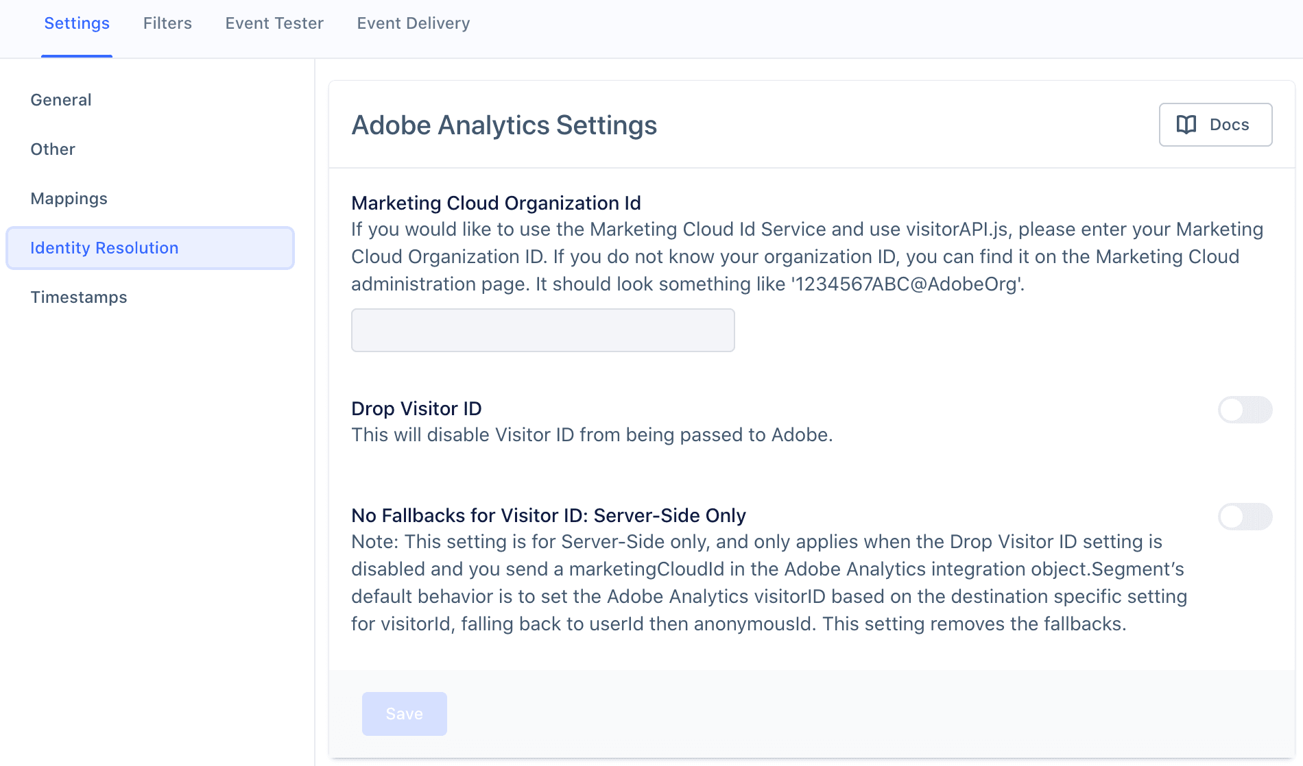 A screenshot of the Adobe Analytics settings page in Segment, with the Identity Resolution section selected.