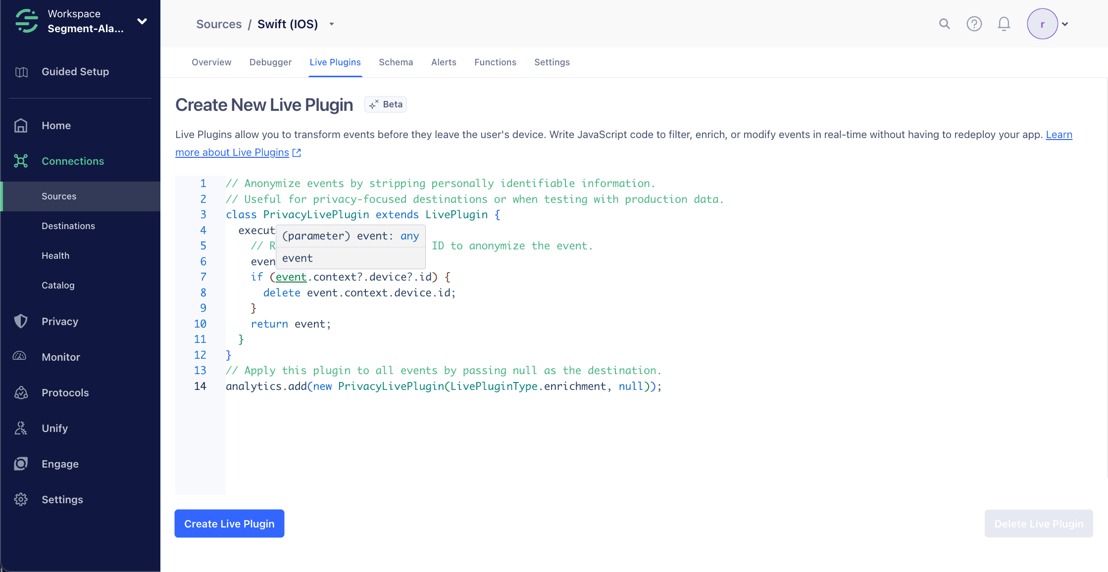 Access Live Plugins from the Source overview tab.