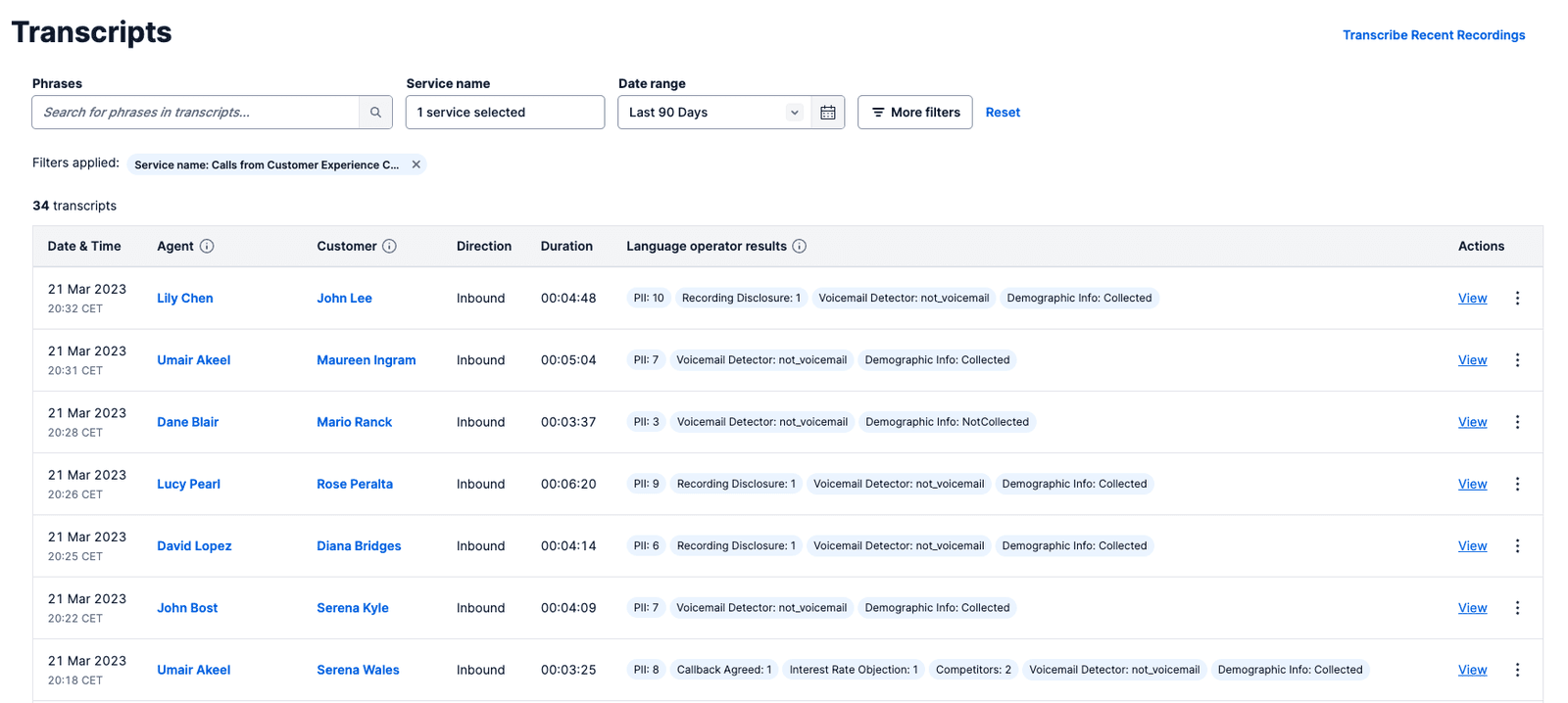 The Voice Intelligence Transcripts single-page app UI. A filterable table includes the option to view each Transcript.
