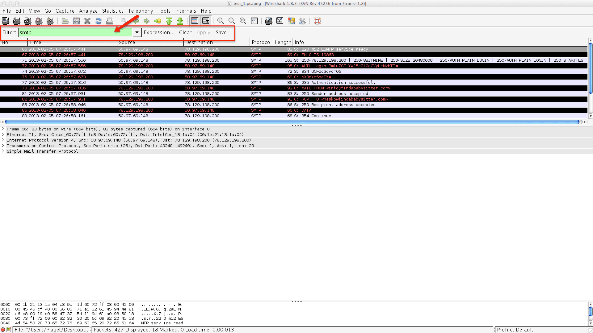 Wireshark interface filtering SMTP protocol with packet details displayed.
