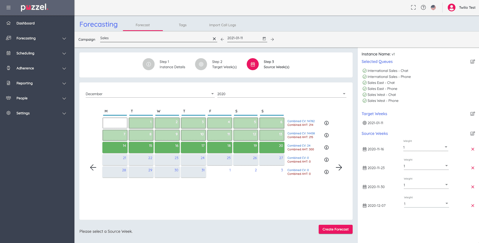 Puzzel WFM Step 3, select source week for forecasting with calendar and queue details.
