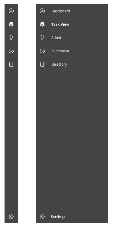 Expanded sidenav with options: Dashboard, Task View, Admin, Supervisor, Directory, and Settings.