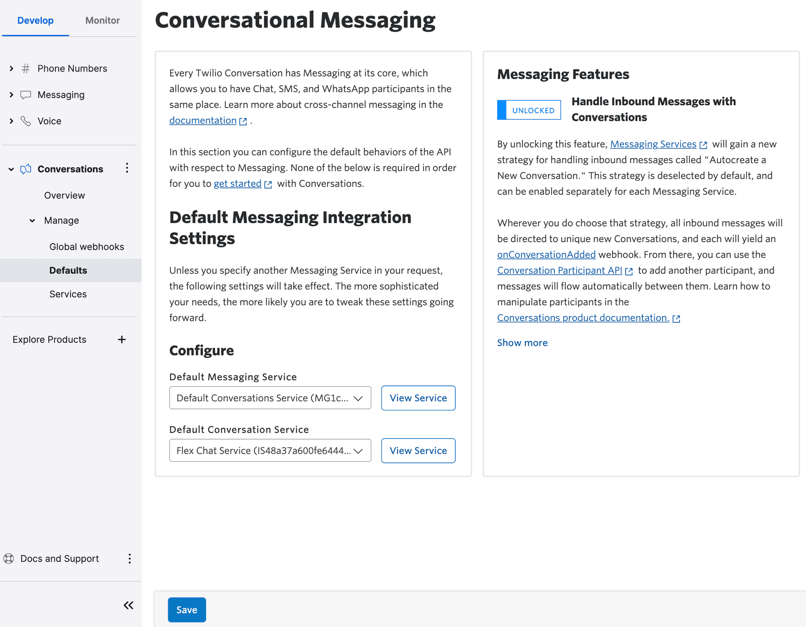 Twilio Conversational Messaging settings with options for default messaging and conversation services.