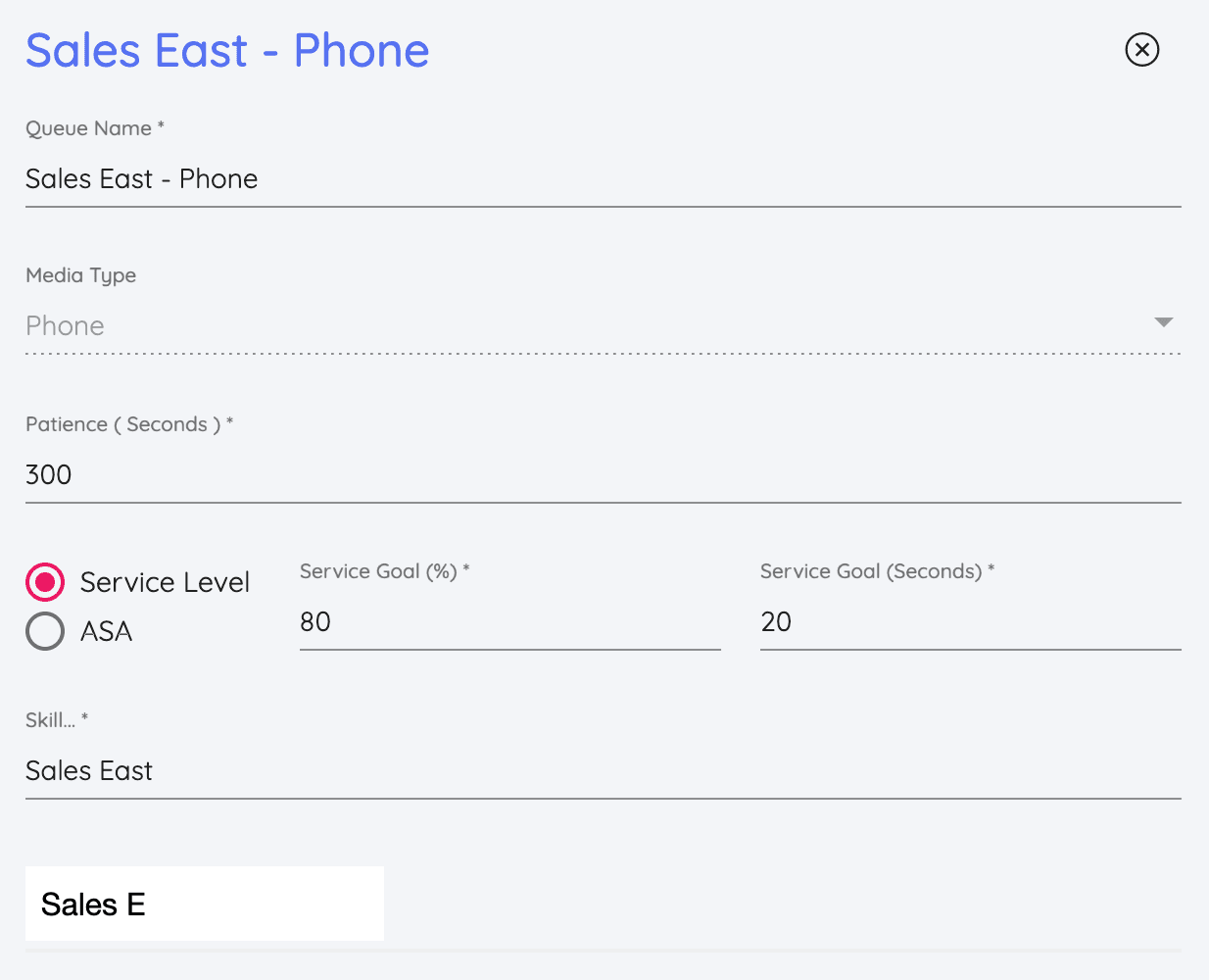 Sales East Phone queue settings with service level and goals.