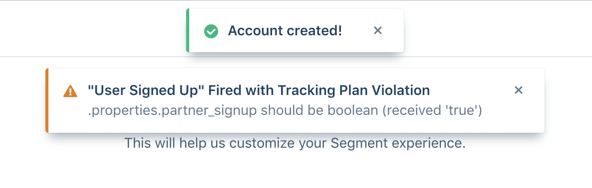 Example toaster notification on app.segment.com.