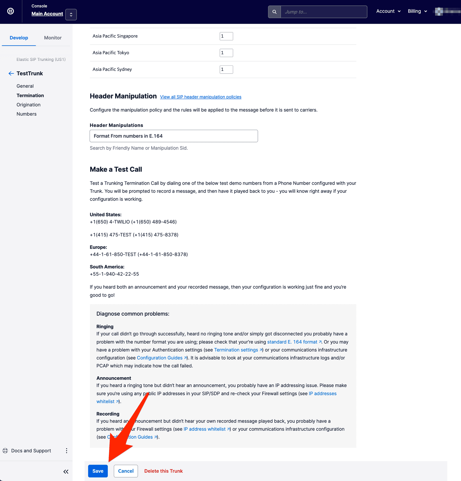 Header Manipulation settings with options to format numbers and save trunk configuration.