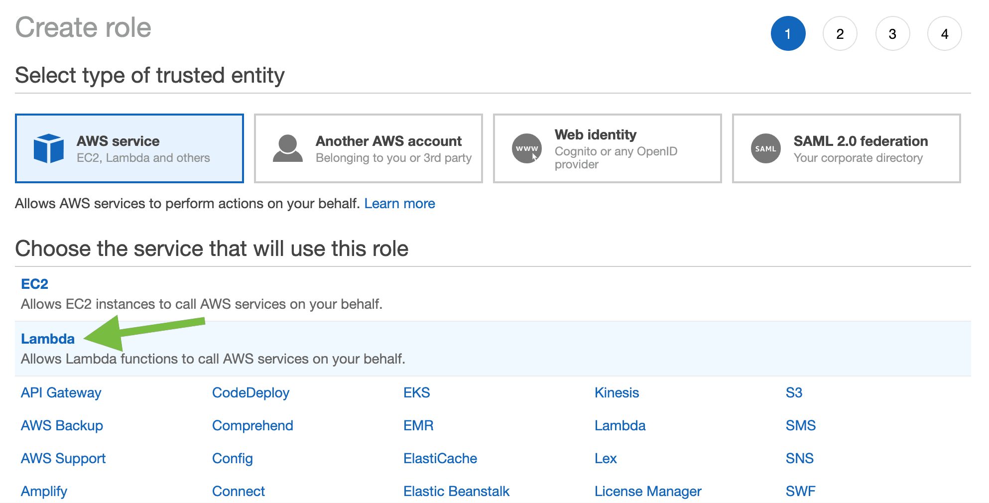 Add Lambda as the trusted entity for the role.
