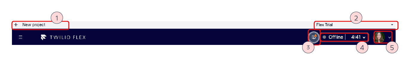 Flex UI top navigation with new project, trial selection, notifications, status, and user profile.