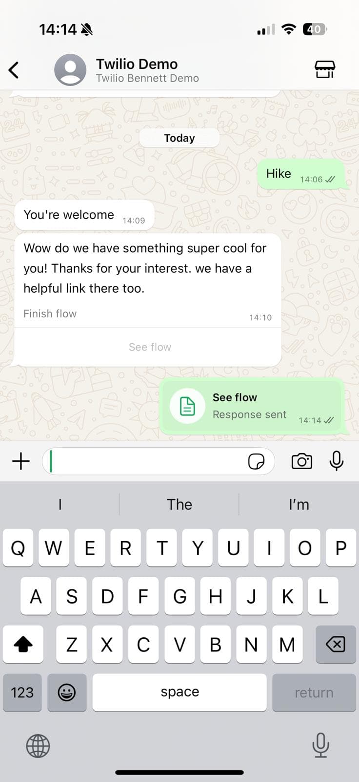 Twilio Demo chat showing a response with a helpful link and notification.