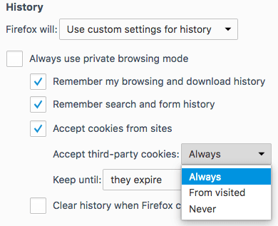 Firefox history settings with options for cookies and browsing history.