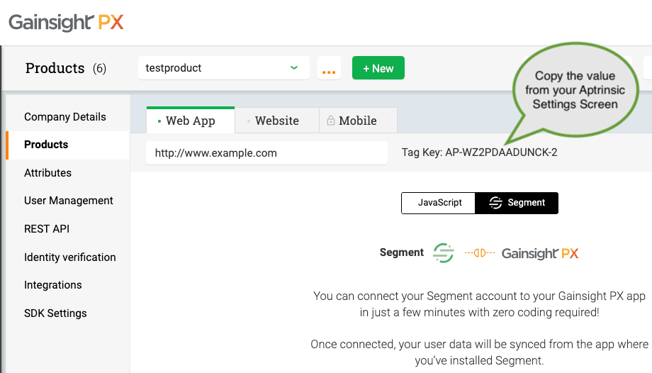 A screenshot of the Gainsight PX Products tab, with a callout that says Copy the value from your Aptrinsic Settings Screen.