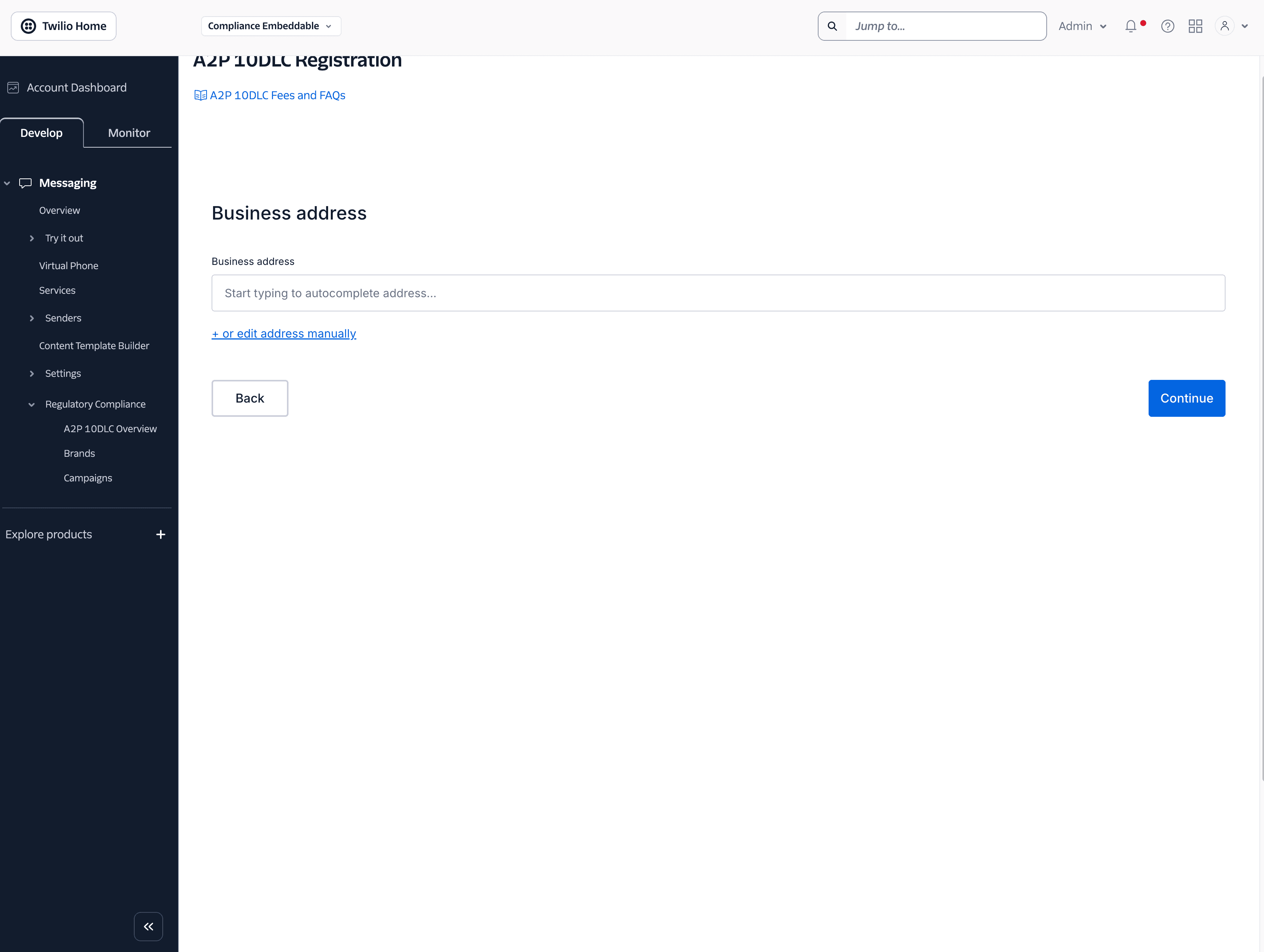 Form for entering a new business address with fields for country, street address, city, state, and postal code.