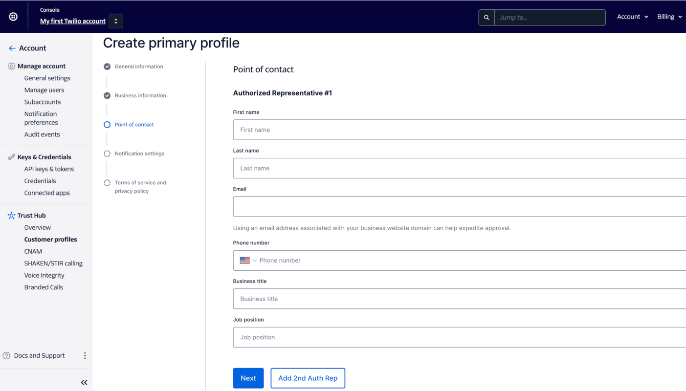 Form for entering authorized representative details in Twilio Trust Hub.