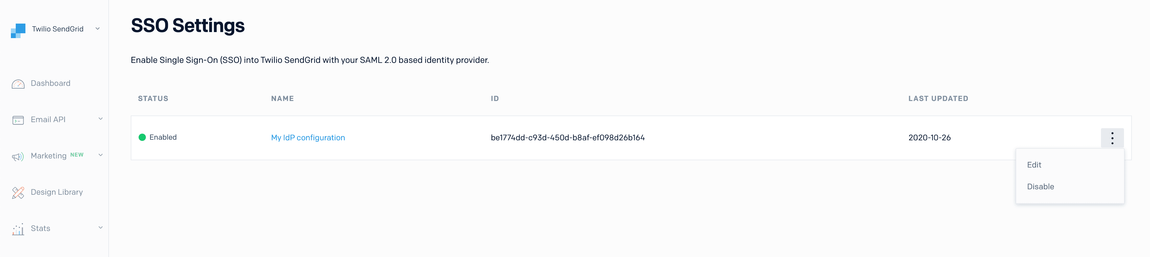 SSO settings page with options to edit or disable IdP configuration.