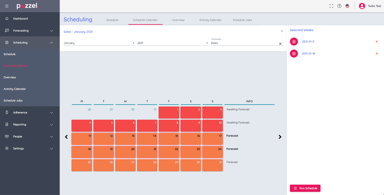 Puzzel WFM scheduling calendar for January 2021 showing sales forecast status.