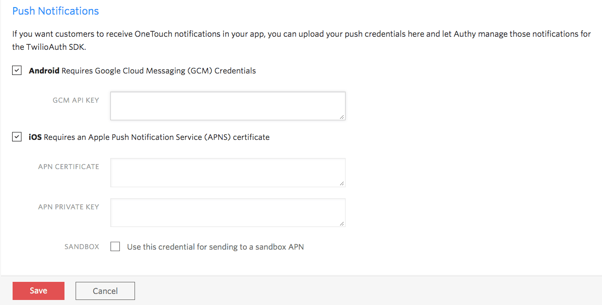 Checkbox to enable Android push notifications, iOS notifications already enabled.