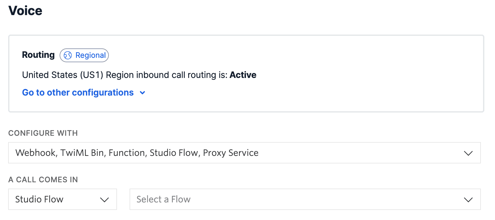 Voice configuration with active US1 region routing and Studio Flow selection options.