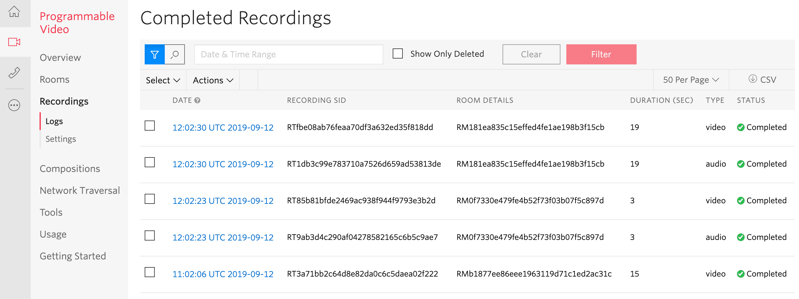 Completed recordings list with date, SID, room details, duration, type, and status.
