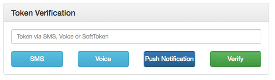 Token verification with options for SMS, Voice, Push Notification, and Verify button.