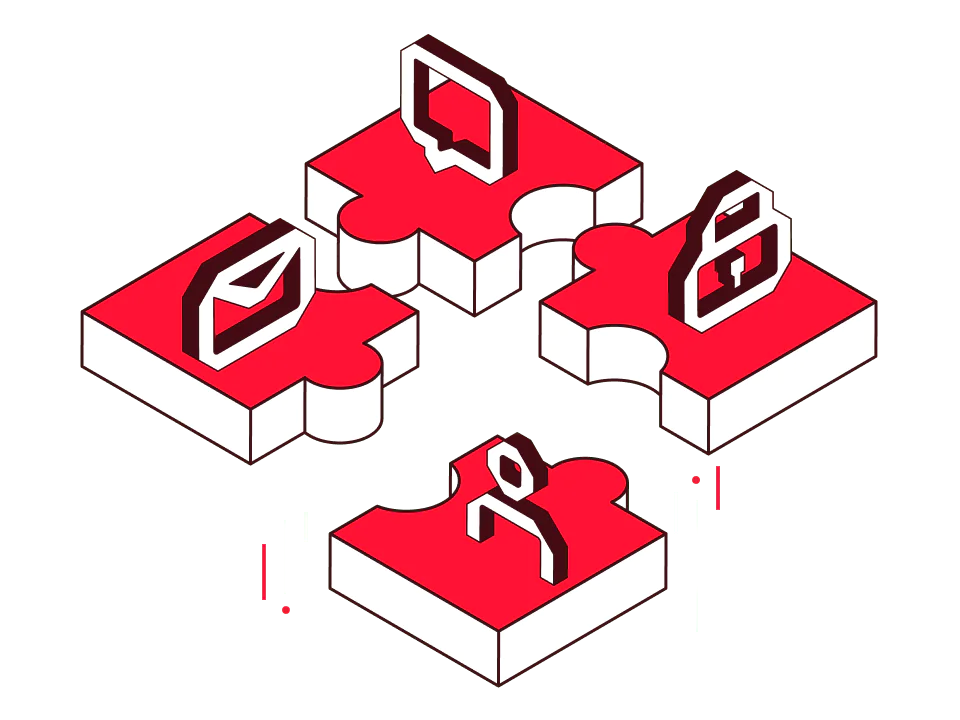 Four interlocking puzzle pieces with icons of a message, speech bubble, lock, and user profile.
