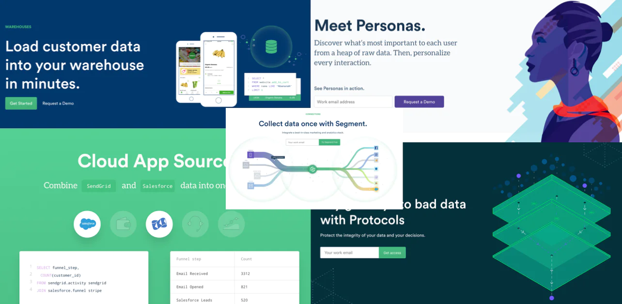 segment-launches.png Collage of Twilio Segment product pages with headlines like “Load customer data” and “Meet Personas,” plus data-flow and layered graphics.
