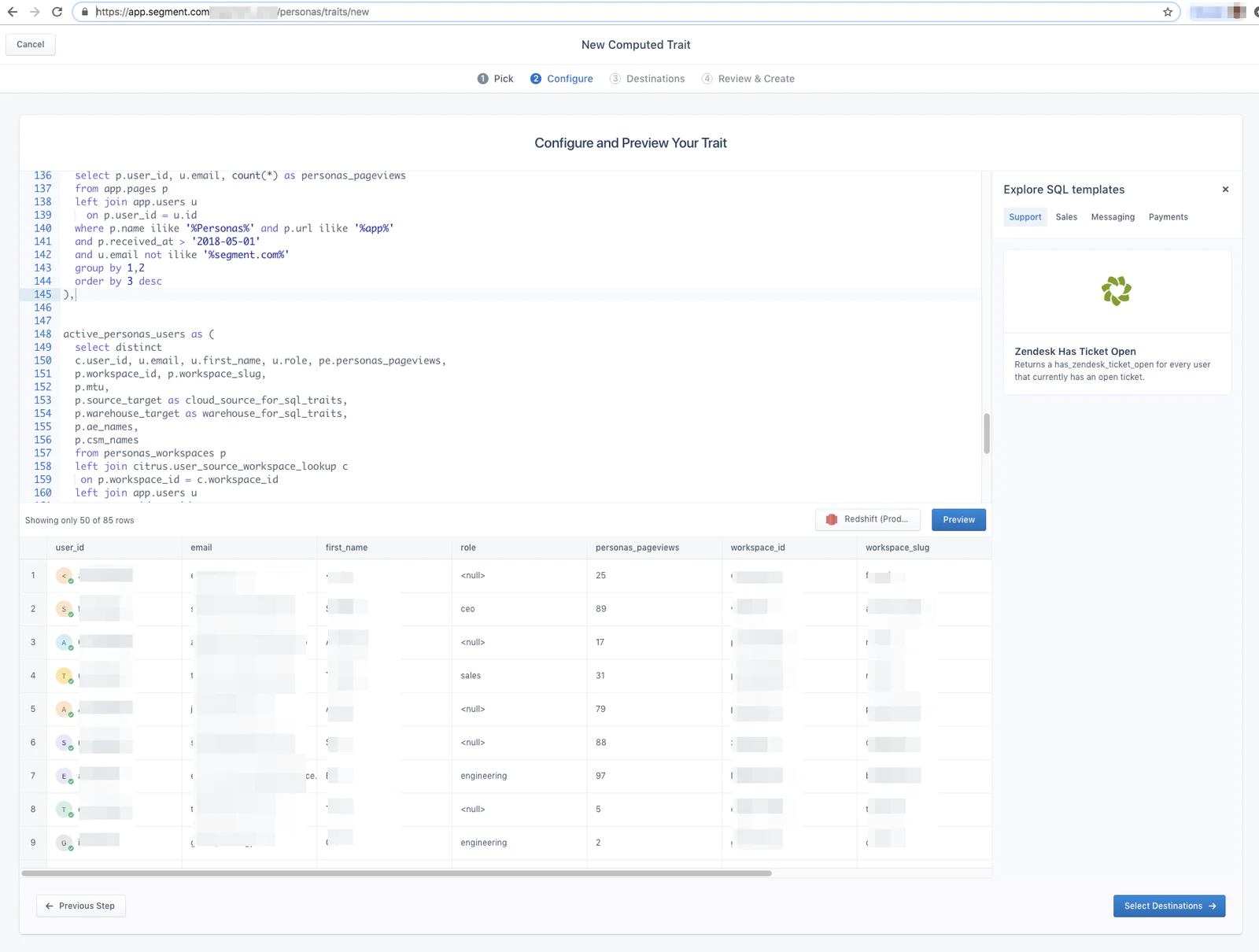 sqltraitspreview_obfuscated.png Screenshot of a web app with a SQL editor and a user trait data preview table showing columns user id email role and pageviews connected to Redshift with a sidebar of SQL templates and buttons to preview and select destinations