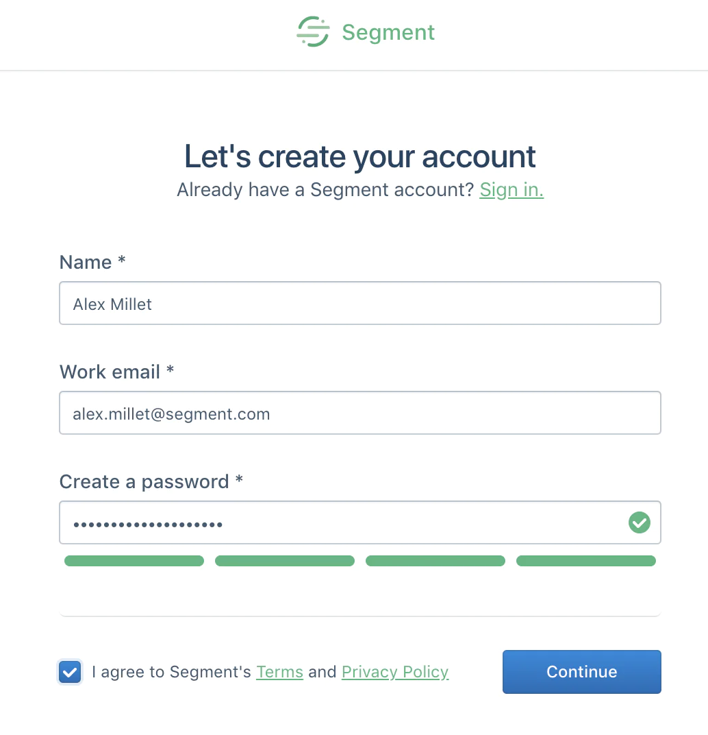 image1.png Segment sign-up page with fields for name, work email, password, a terms checkbox, and a Continue button.