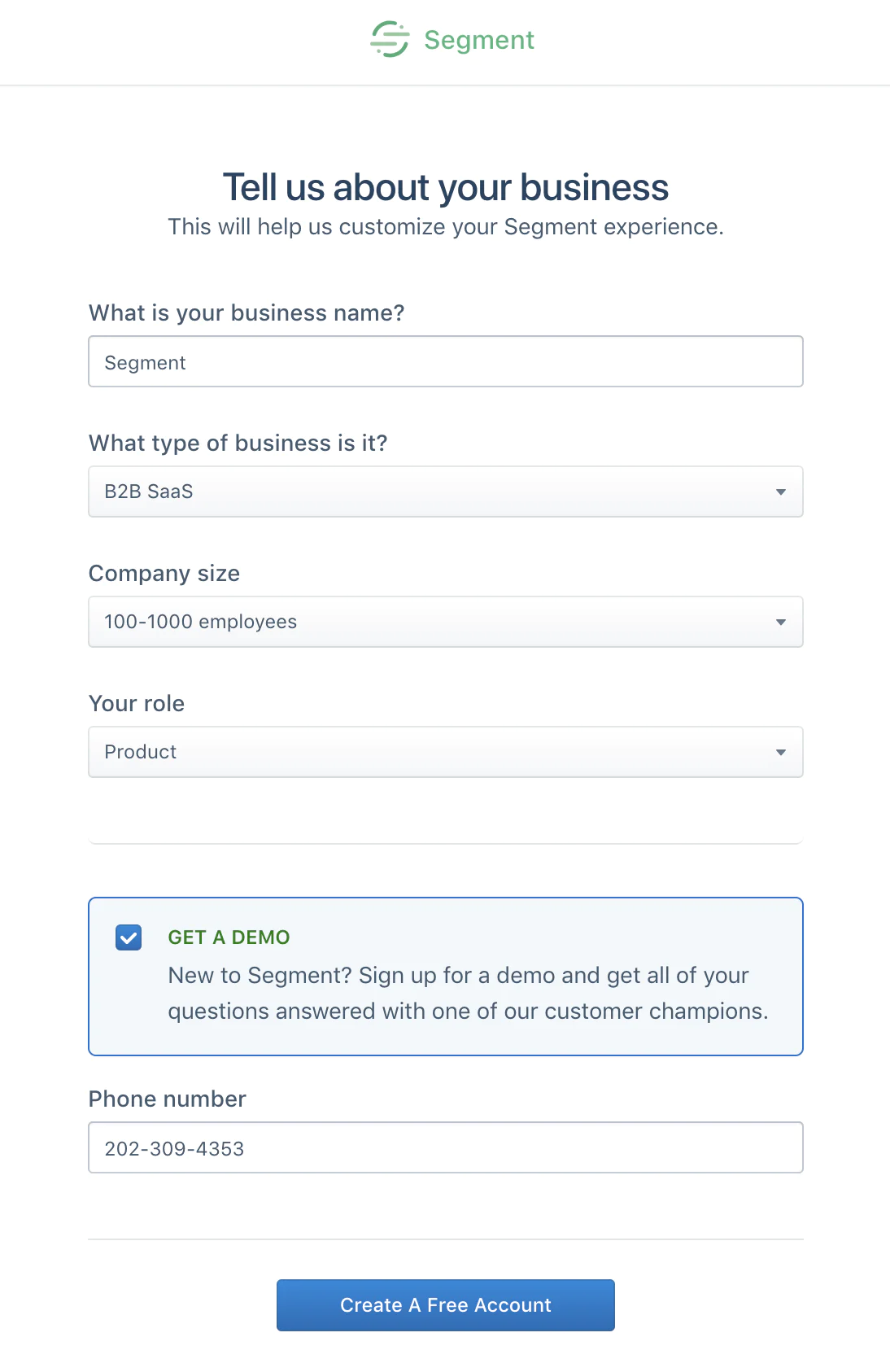 image2.png Business details form with fields for company name, business type, company size, role, demo opt-in, phone number, and a Create A Free Account button.