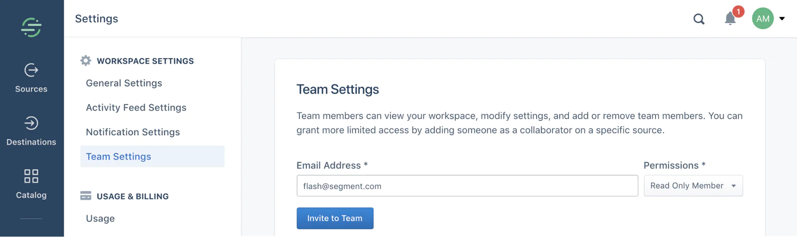 image3.png Segment Team Settings screen showing invite-by-email and permissions dropdown with an Invite to Team button and a left sidebar of settings.