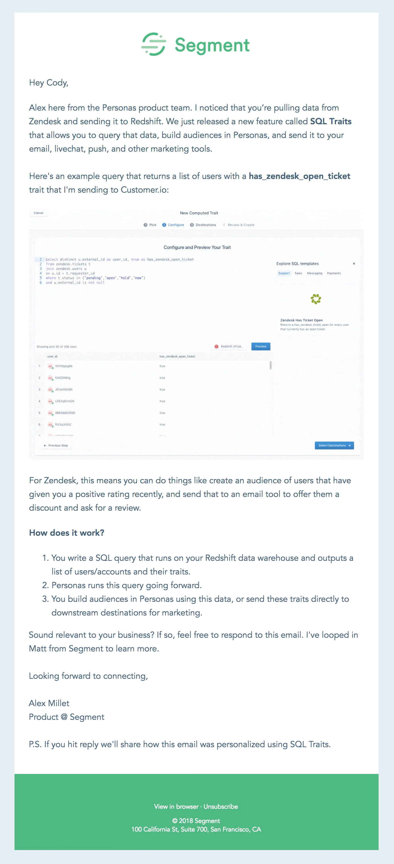 email1-screenshot.jpg Segment marketing email introducing SQL Traits with an example query screenshot and “How does it work?” steps.