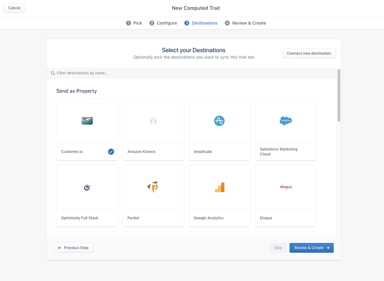 image7.png “Select your Destinations” step showing tiles like Customer.io, Amazon Kinesis, Amplitude, Salesforce Marketing Cloud, etc., with Review & Create.