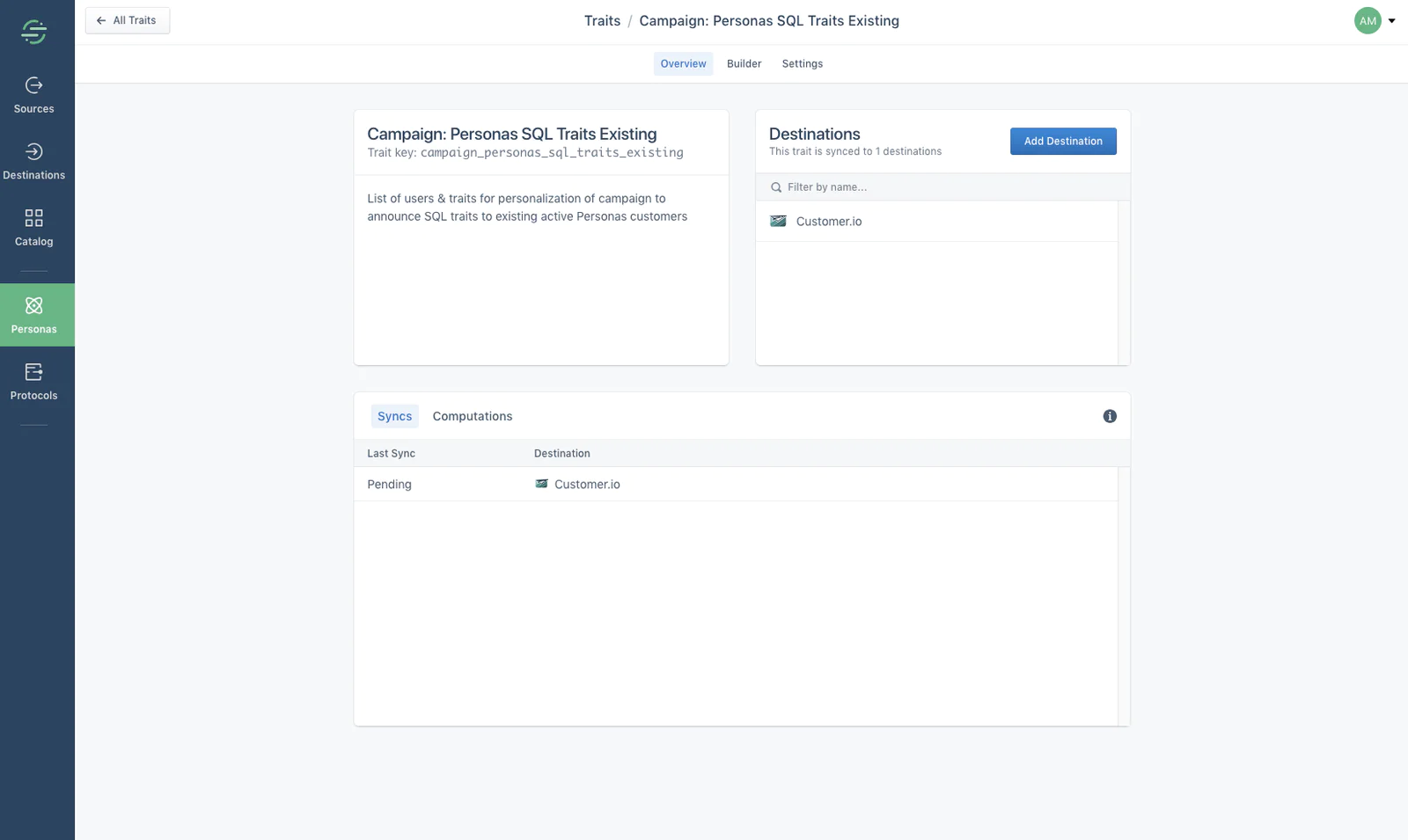 image8.png Trait overview page for a campaign showing description, Customer.io destination, and sync status pending.