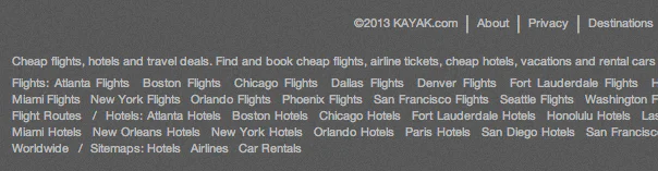 SEO3.png Kayak website footer packed with links to flights, hotels, and travel routes.